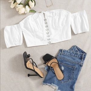 Crop top. Off shoulder top. Blouses. White top. Hook & Eye placket Crop top.